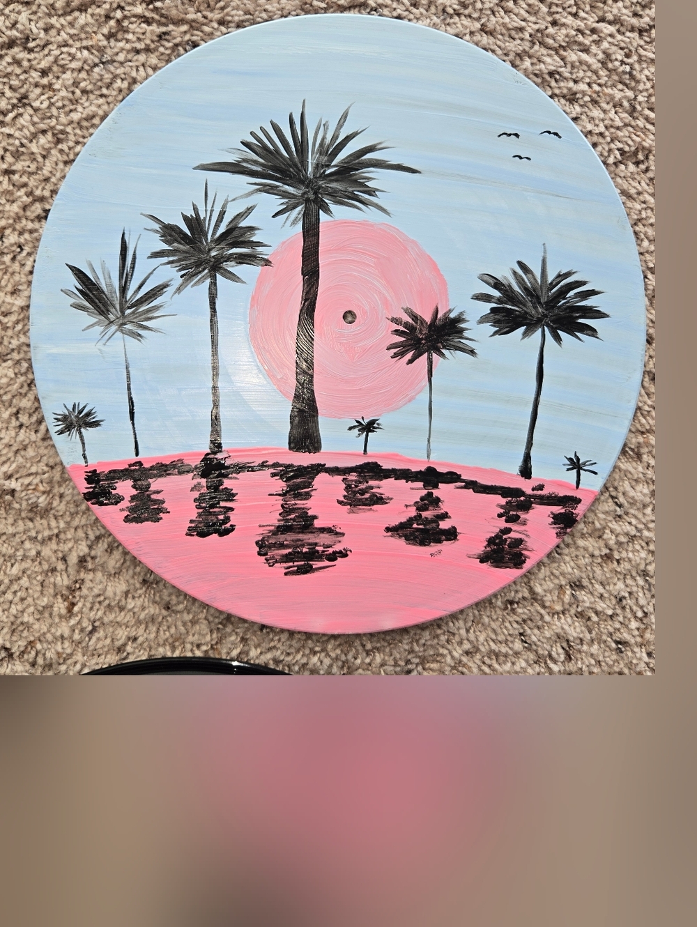 Hand-Painted Vinyl Record Palm Tree Sunset - Pink & Light Blue
